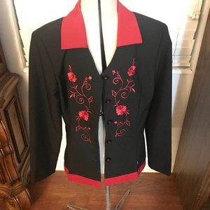 Kari's Korner Vintage red and black embroidered Button Up Blazer sz 10